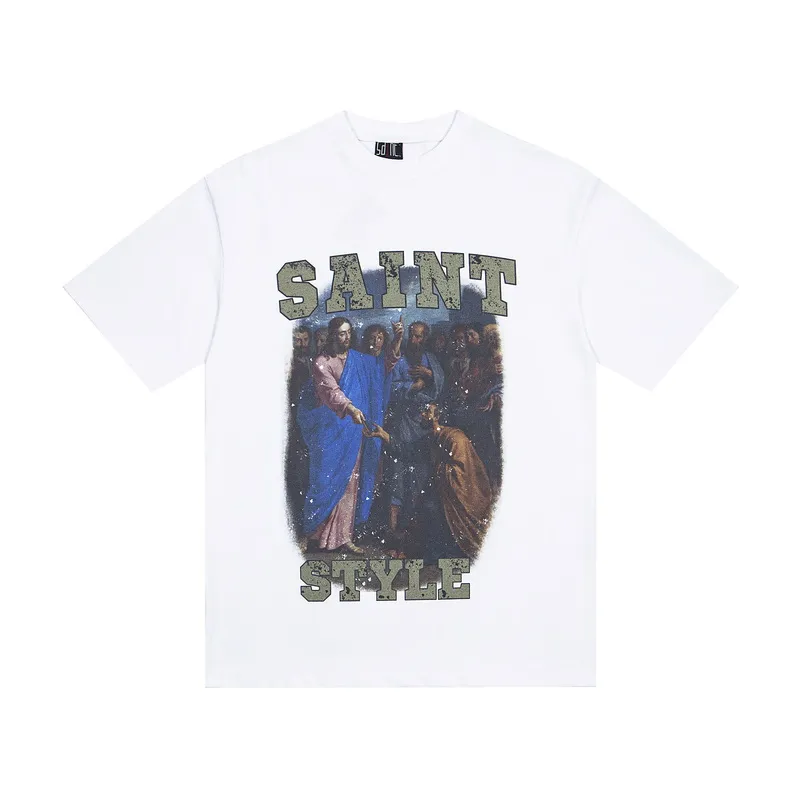 100💰S10#美Chao SAINT white ink direct-injection pure cotton 260g loose short-sleeved T-shirt 15 black, white S-XL